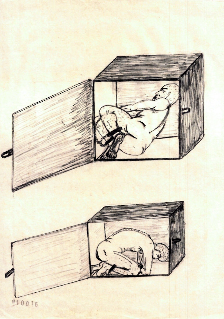 Imagen dibujada por Abu Zubaydah muestra la técnica de "confinamiento estrecho". / Abu Zubaydah, cortesía de Mark P. Denbeaux vía The New York Times.