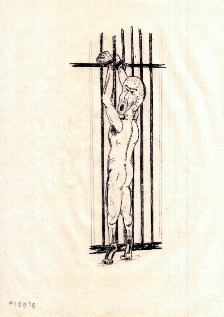 Imagen dibujada por Abu Zubaydah muestra el castigo de encadenar las muñecas a la celda sobre la cabeza, forzado a mantenerse en puntas de pie. / Abu Zubaydah, cortesía de Mark P. Denbeaux vía The New York Times.