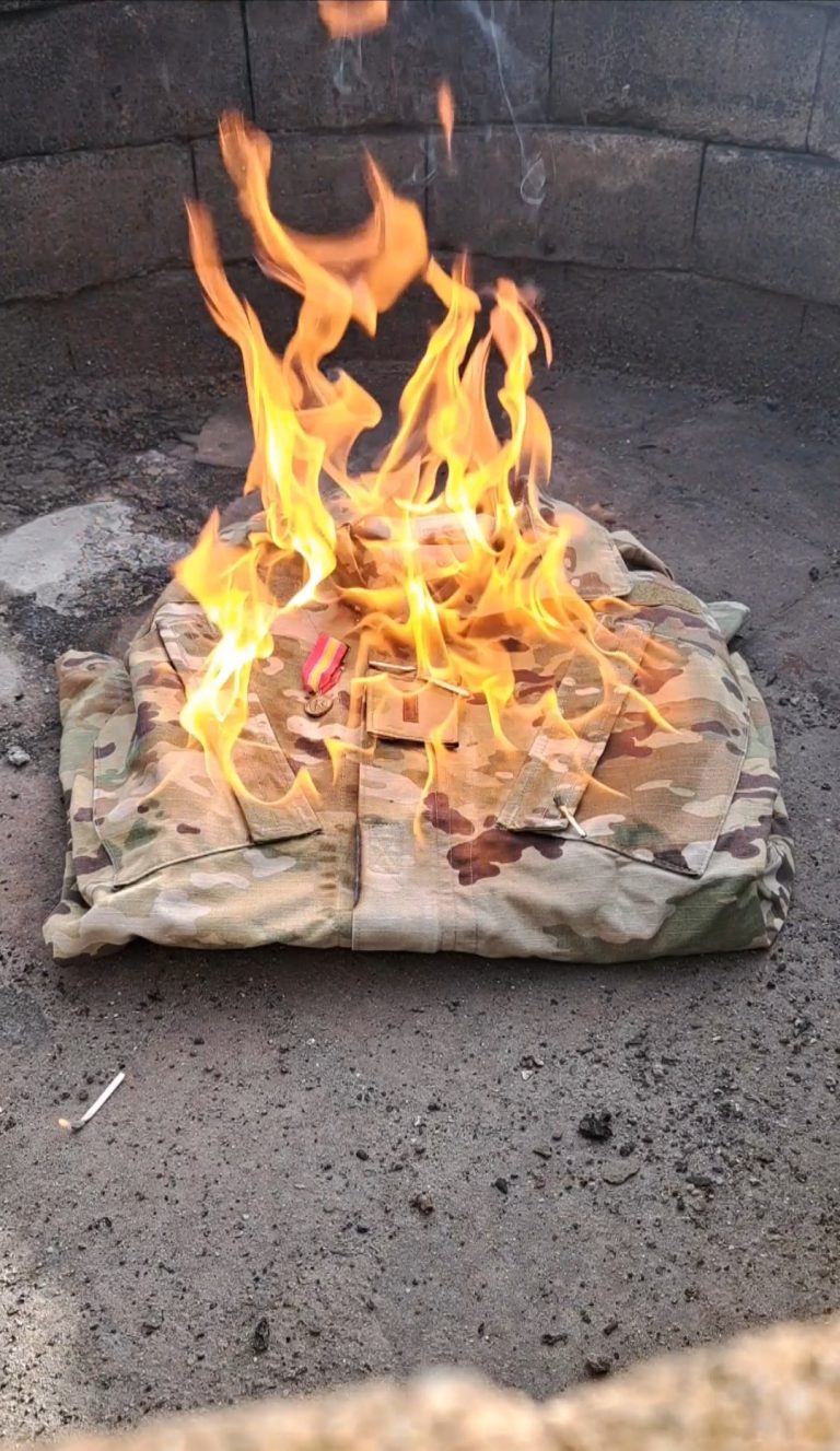 In a national day of action on Feb. 25, 2025, veterans burned their uniforms across the country in remembrance of Aaron Bushnell and his call to action. (Image: Instagram/vetsaboutface)