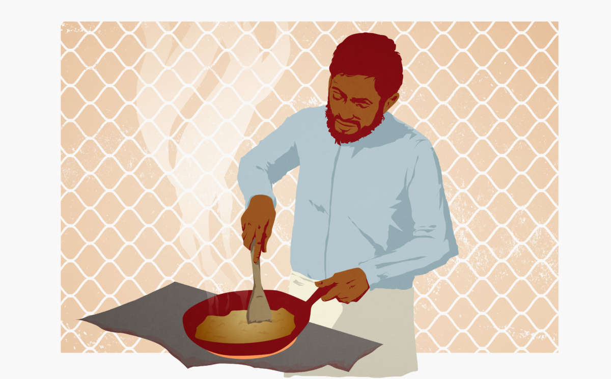 Illustration of Ahmed Rabbani cooking with Guantanamo fencing behind, in past