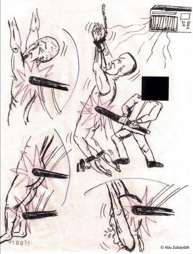 In this drawing, Zubaydah depicts himself being hit with a baseball bat. Its important to understand that this was never approved, Zubaydahs lawyer, Mark Denbeaux, tell the Guardian. Most people believe the justice department would be unlikely to approve a technique that has a man shackled hand and foot and hit with a bat including in the head.