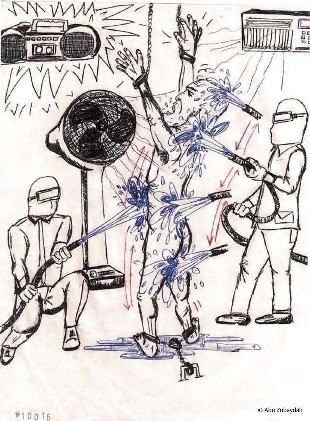 In this drawing, Zubaydah depicts several torture techniques simultaneously being used on him. He is chained by his limbs, sprayed with powerful water hoses while an air conditioner and fan blow cold air at him, and loud rock music is blaring  all for hours on end. Mark Denbeaux, a lead lawyer for Zubaydah, told the Guardian: There is no evidence that [the justice department] gave the go-ahead for multiple techniques to be used at the same time.