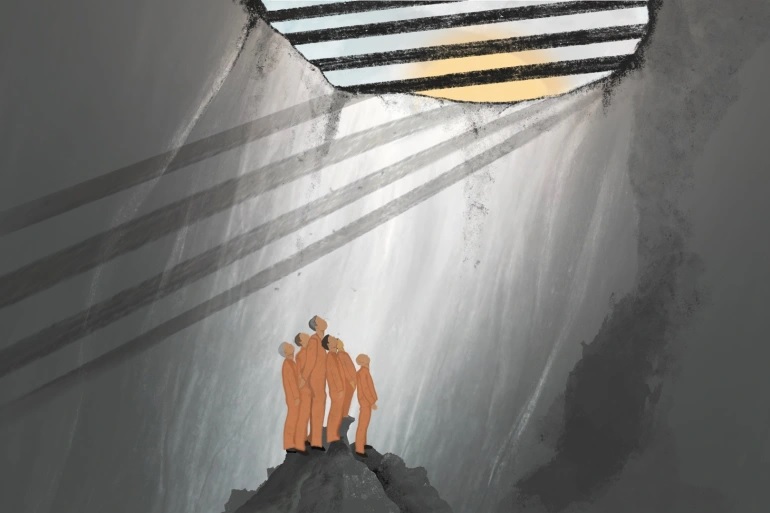 An illustration showing men in orange jumpsuits in a enclosed space looking up to the sky through railings.