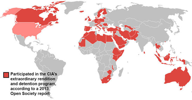 Mapa de los pases que participaron en el programa de detenciones y retenciones ilegales de sospechosos de terrorismo yihadista segn el programa de la CIA. Foto: opensocietyfoundations.org