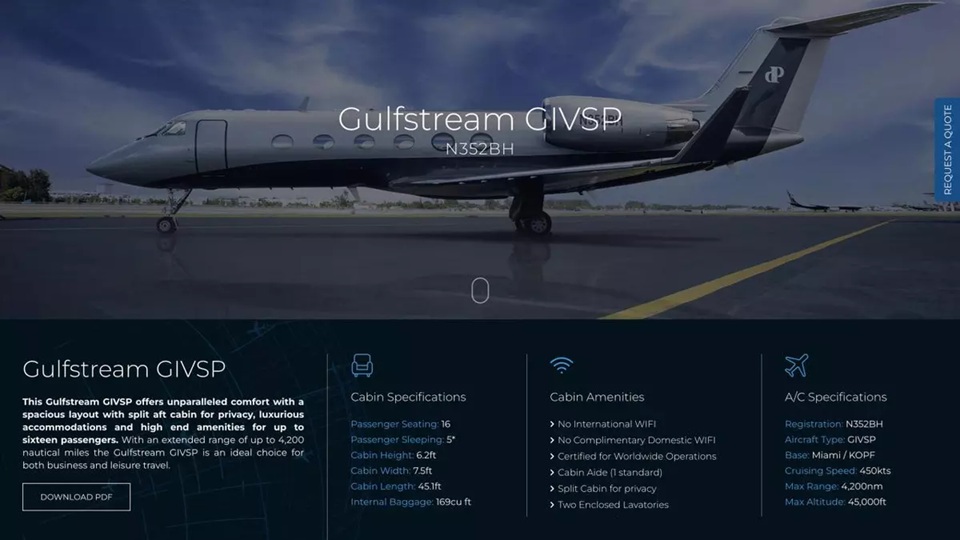 P�gina web de Journey Aviation, que se utiliza para anunciar el lujoso jet Gulfstream de Gil Dezer para vuelos ch�rter privados. Journey Aviation.